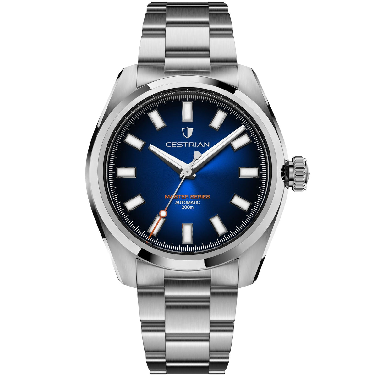 Cestrian Master Series CM-BB001 front studio view of blue dial automatic watch with stainless steel case and link bracelet