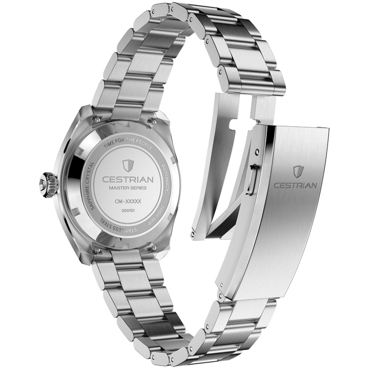 Cestrian Master Series CM-GB001 back view showing engraved steel case back and open folding bracelet clasp