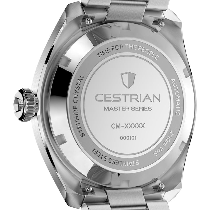 Cestrian Master Series CM-GB001 close-up rear view of solid steel case back with brand logo and specification text