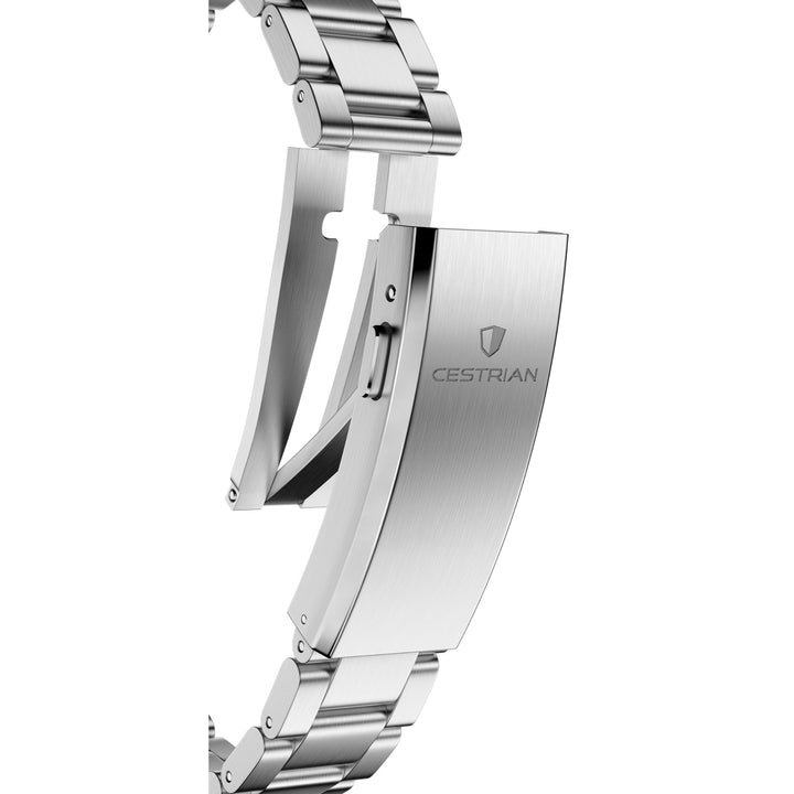 Cestrian Master Series CM-GB001 macro detail view showing open stainless steel deployant clasp mechanism