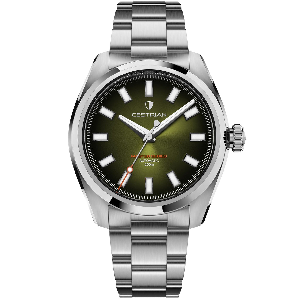 Cestrian Master Series CM-GB001 front view of green dial automatic watch with steel case and link bracelet
