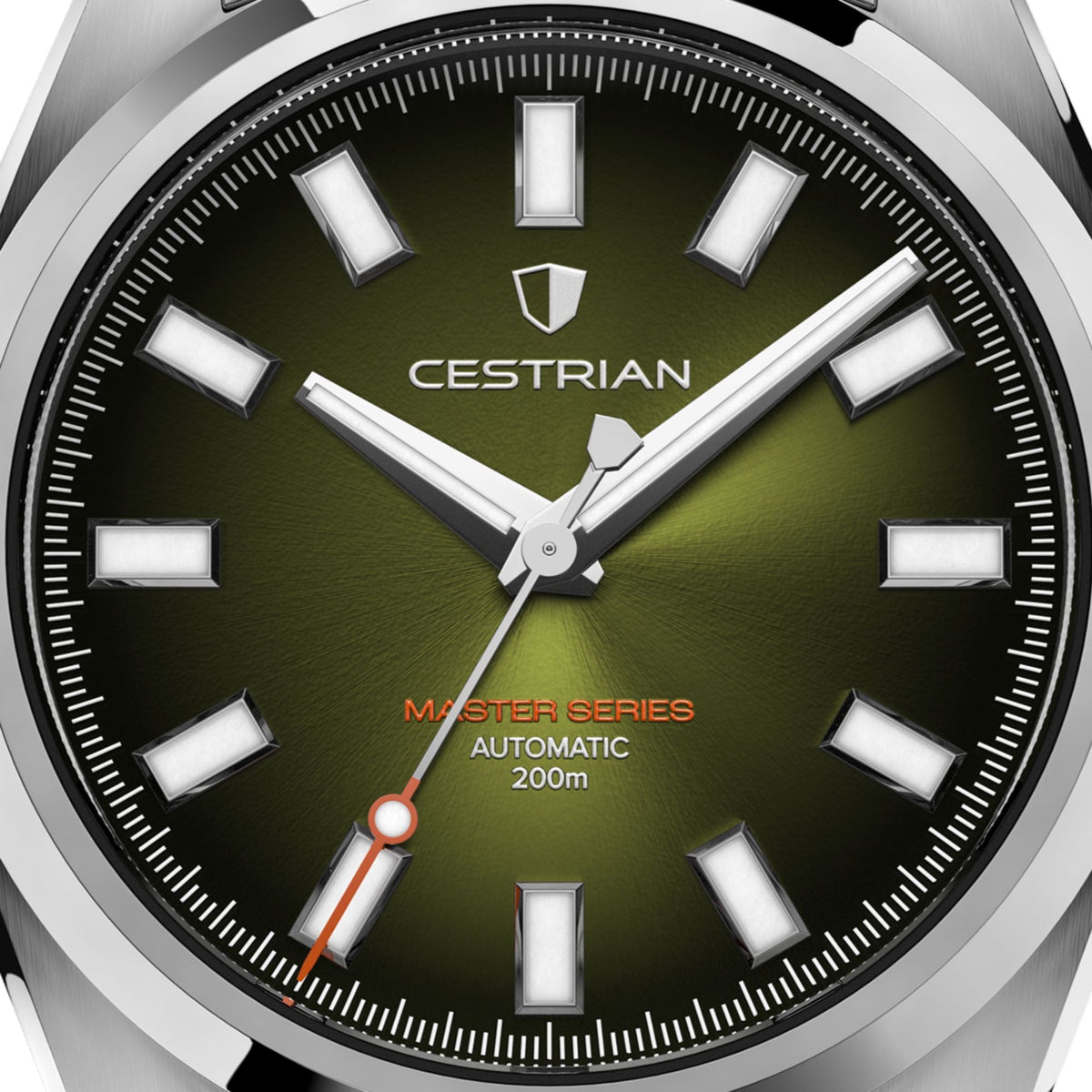 Cestrian Master Series CM-GB001 close-up view of green dial face with steel hands and orange-tipped seconds hand