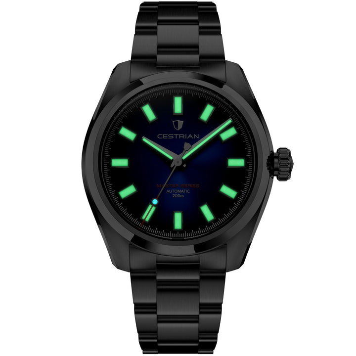 Cestrian Master Series CM-GB001 low-light front view highlighting glowing luminous hands and hour markers