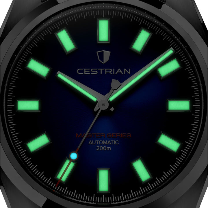Cestrian Master Series CM-GB001 macro shot showing glowing green lume on hands and indices in the dark