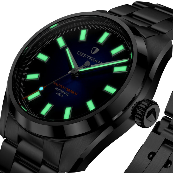 Cestrian Master Series CM-GB001 macro view displaying luminous hour markers and hands in low lighting