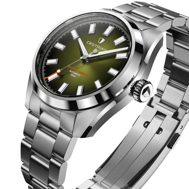 Cestrian Master Series CM-GB001 perspective view showing green dial, steel bezel, crown, and folding clasp