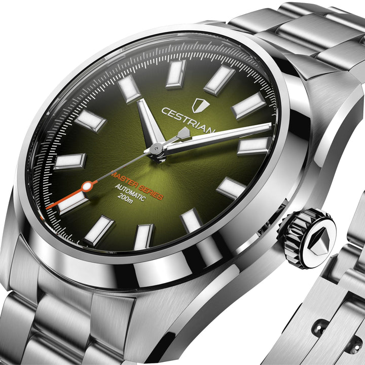 Cestrian Master Series CM-GB001 close-up side angle of green dial face and steel case profile
