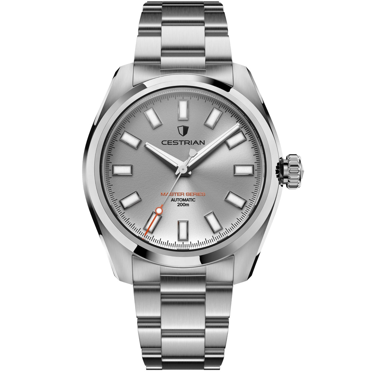 Cestrian Master Series CM-SL001 front view of silver dial automatic watch with steel case and link bracelet
