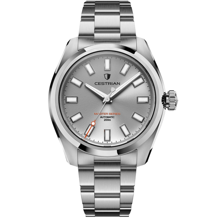 Cestrian Master Series CM-SL001 front view of silver dial automatic watch with steel case and link bracelet