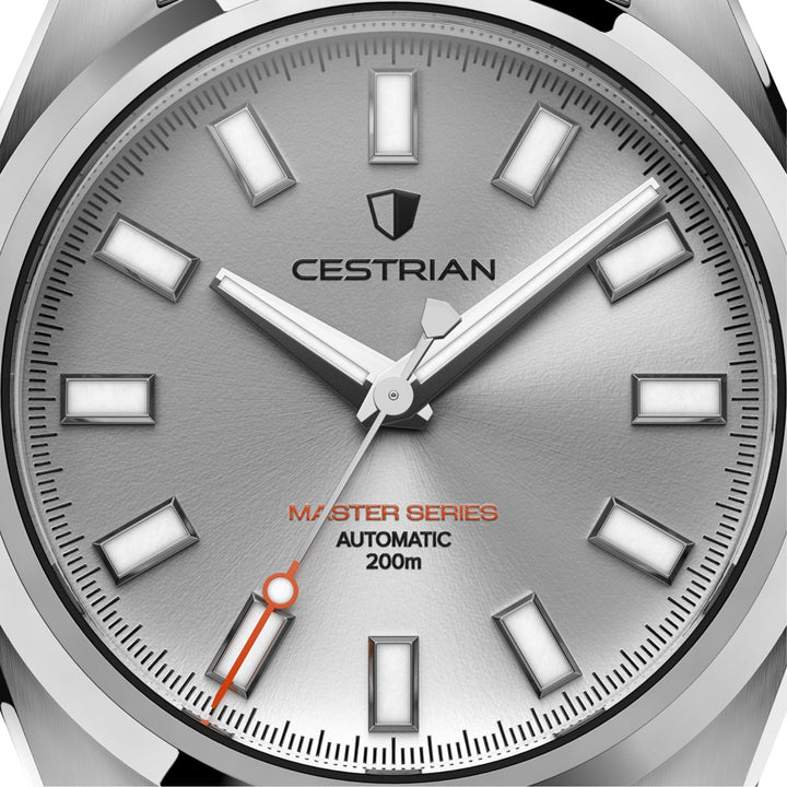 Cestrian Master Series CM-SL001 close-up view of silver sunburst dial face with steel hands and orange-tipped seconds hand