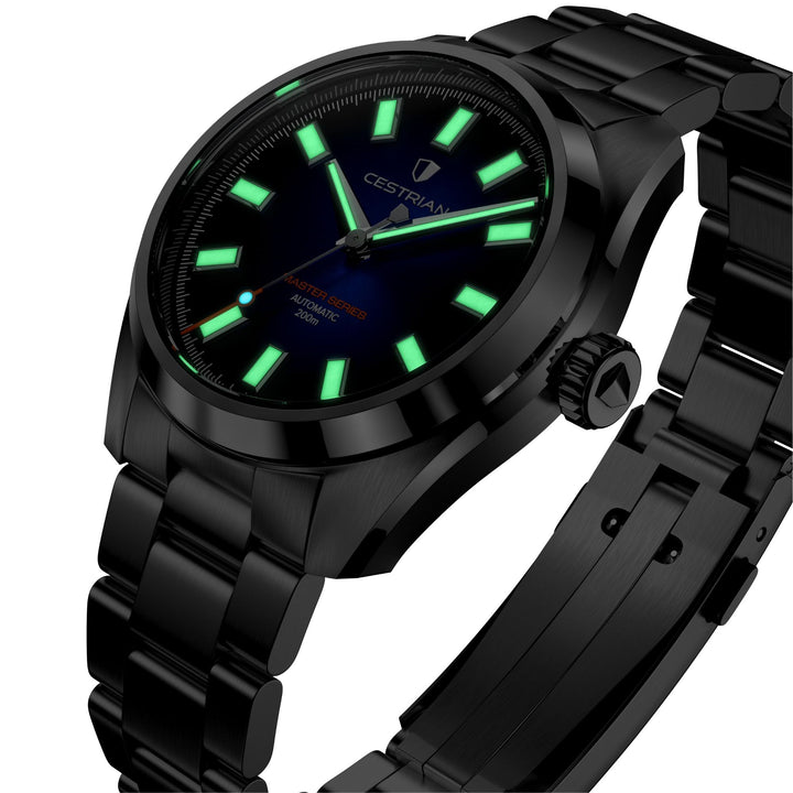 Cestrian Master Series CM-SL001 angled view displaying luminous dial elements in low light