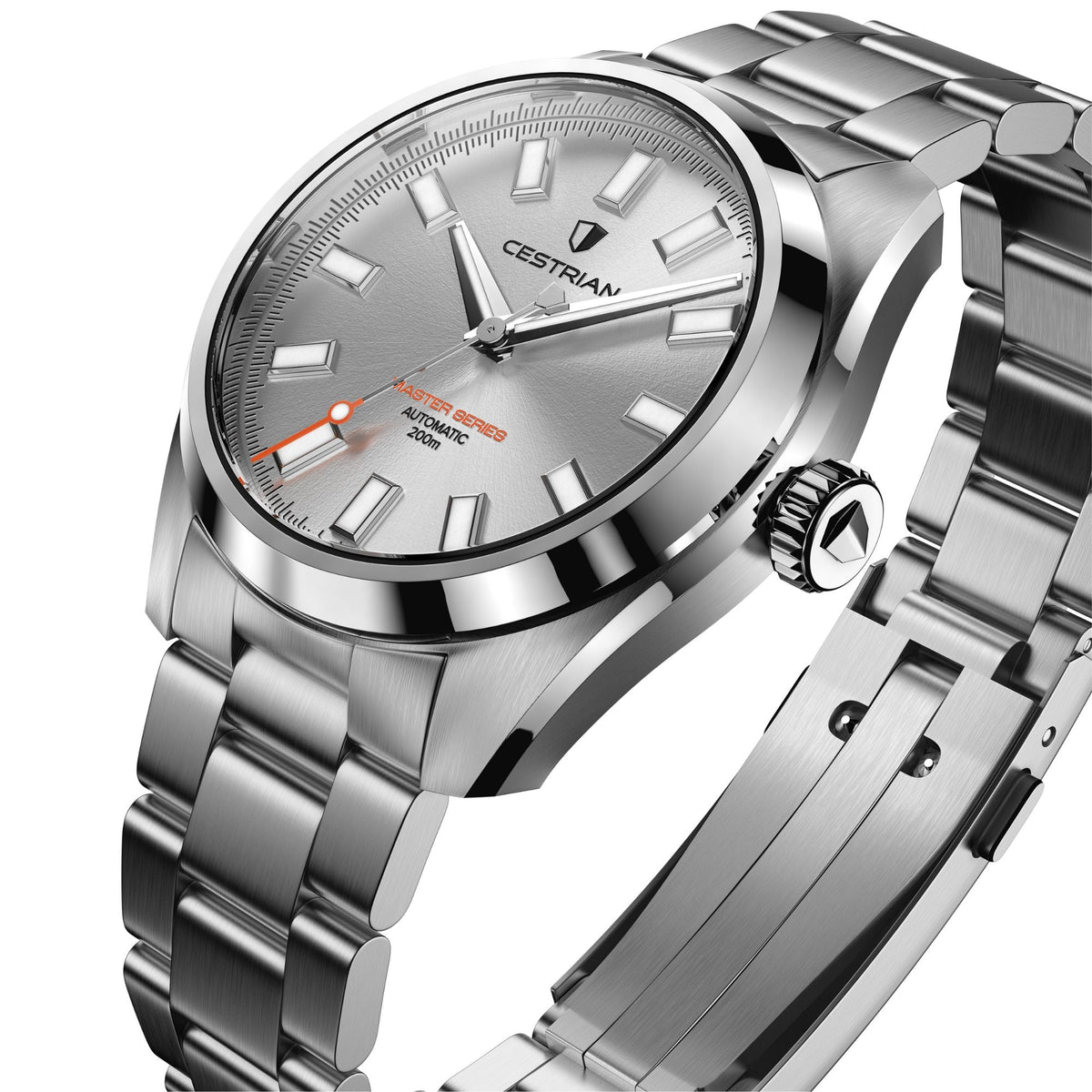 Cestrian Master Series CM-SL001 perspective view showing silver dial, steel bezel, textured crown, and bracelet links