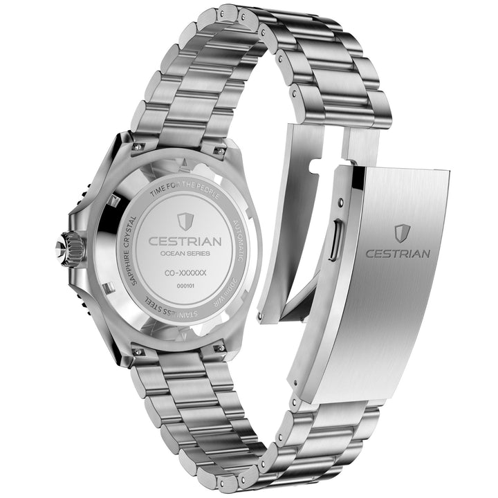 Cestrian Ocean Series CO-BBS001 back view showing engraved steel case back and open folding bracelet clasp