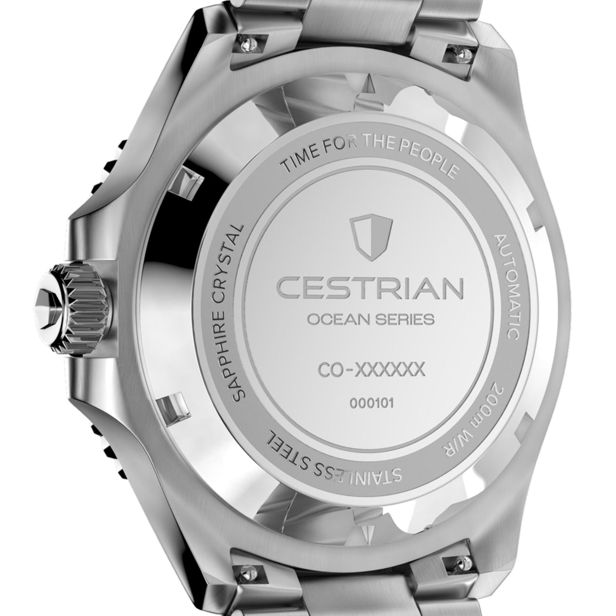Cestrian Ocean Series CO-BBS001 close-up rear view of solid steel case back with brand logo and specification text