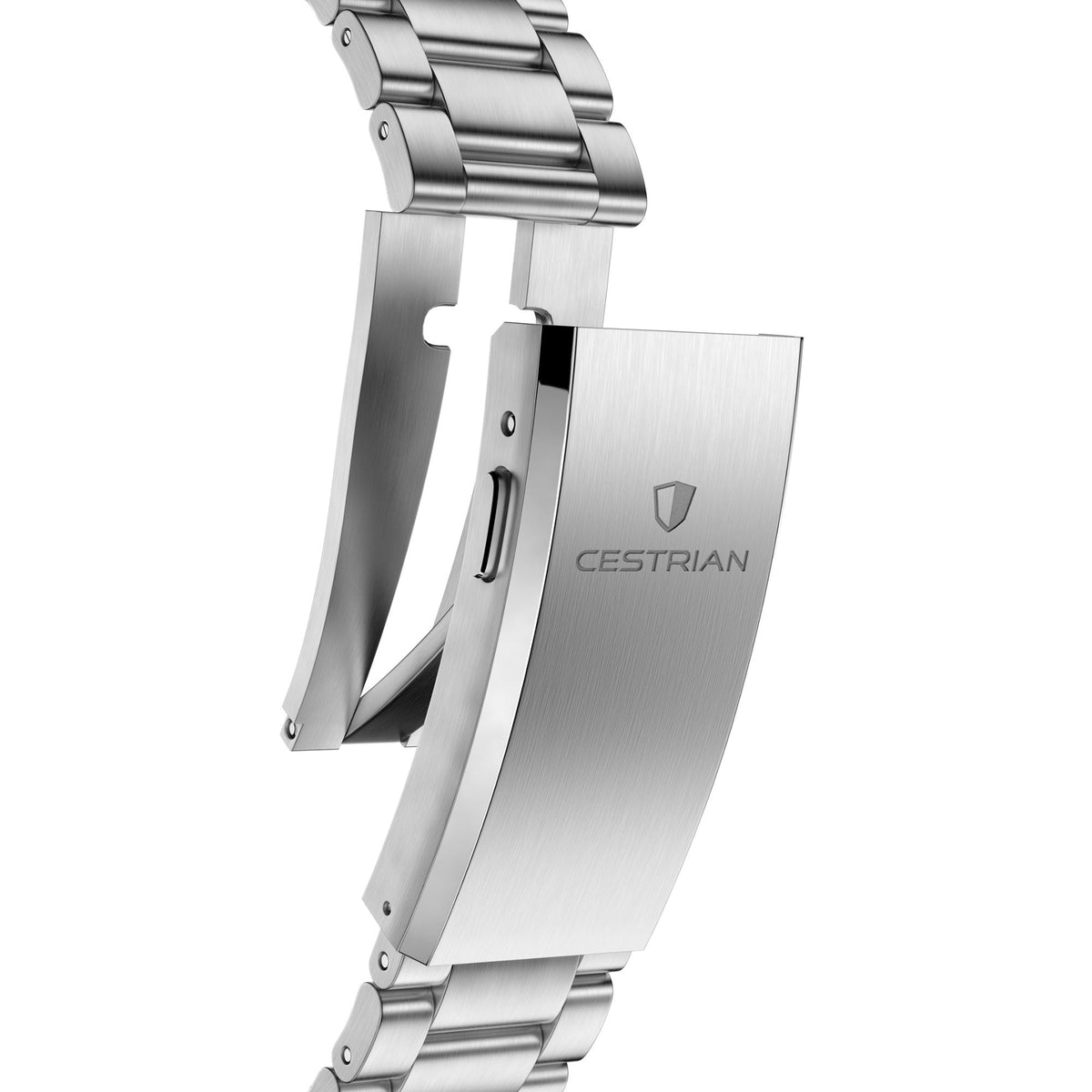 Cestrian Ocean Series CO-BBS001 macro detail view showing open stainless steel deployant clasp mechanism