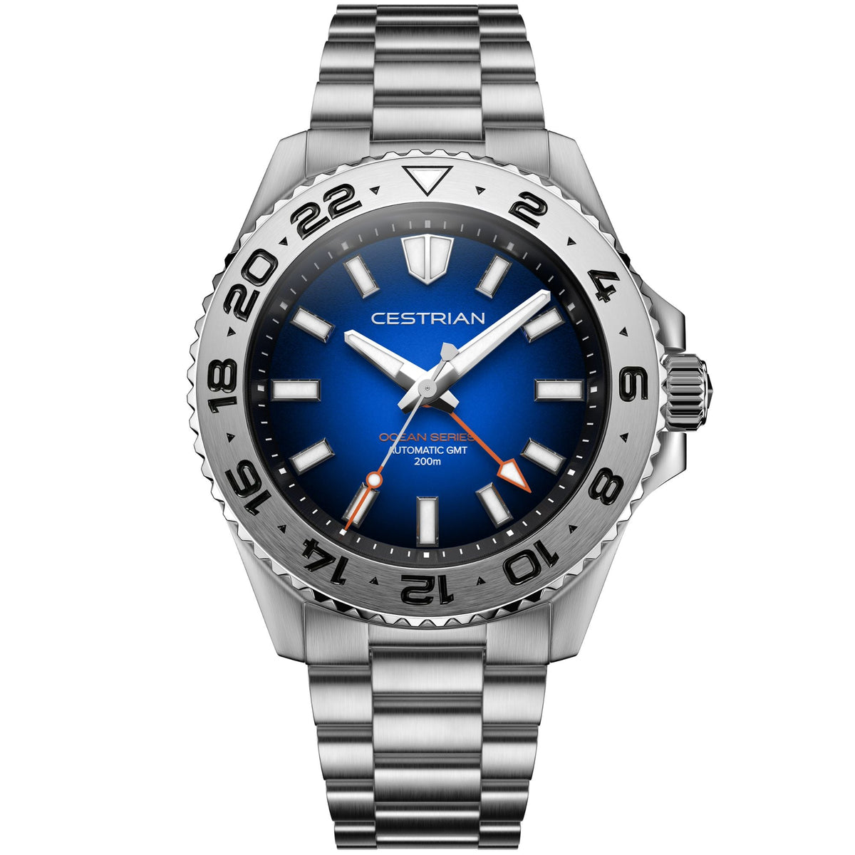 Cestrian Ocean Series CO-BBS001 front view of blue fumé dial automatic GMT watch with steel case and link bracelet
