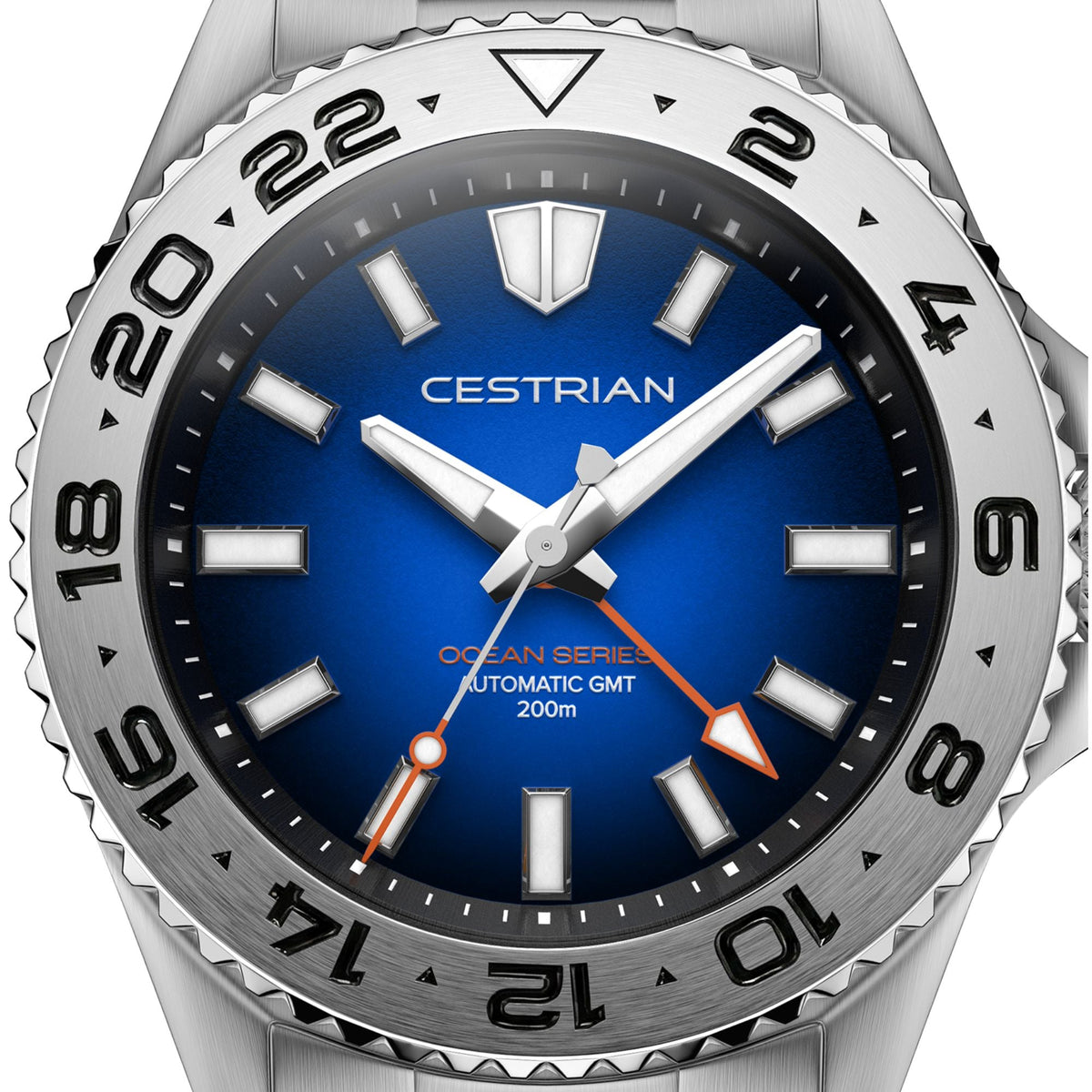 Cestrian Ocean Series CO-BBS001 close-up view of blue fumé dial face with steel hands and 24-hour GMT bezel