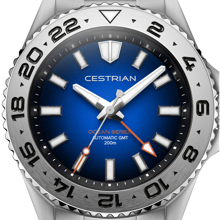 Cestrian Ocean Series CO-BBS001 close-up view of blue fumé dial face with steel hands and 24-hour GMT bezel