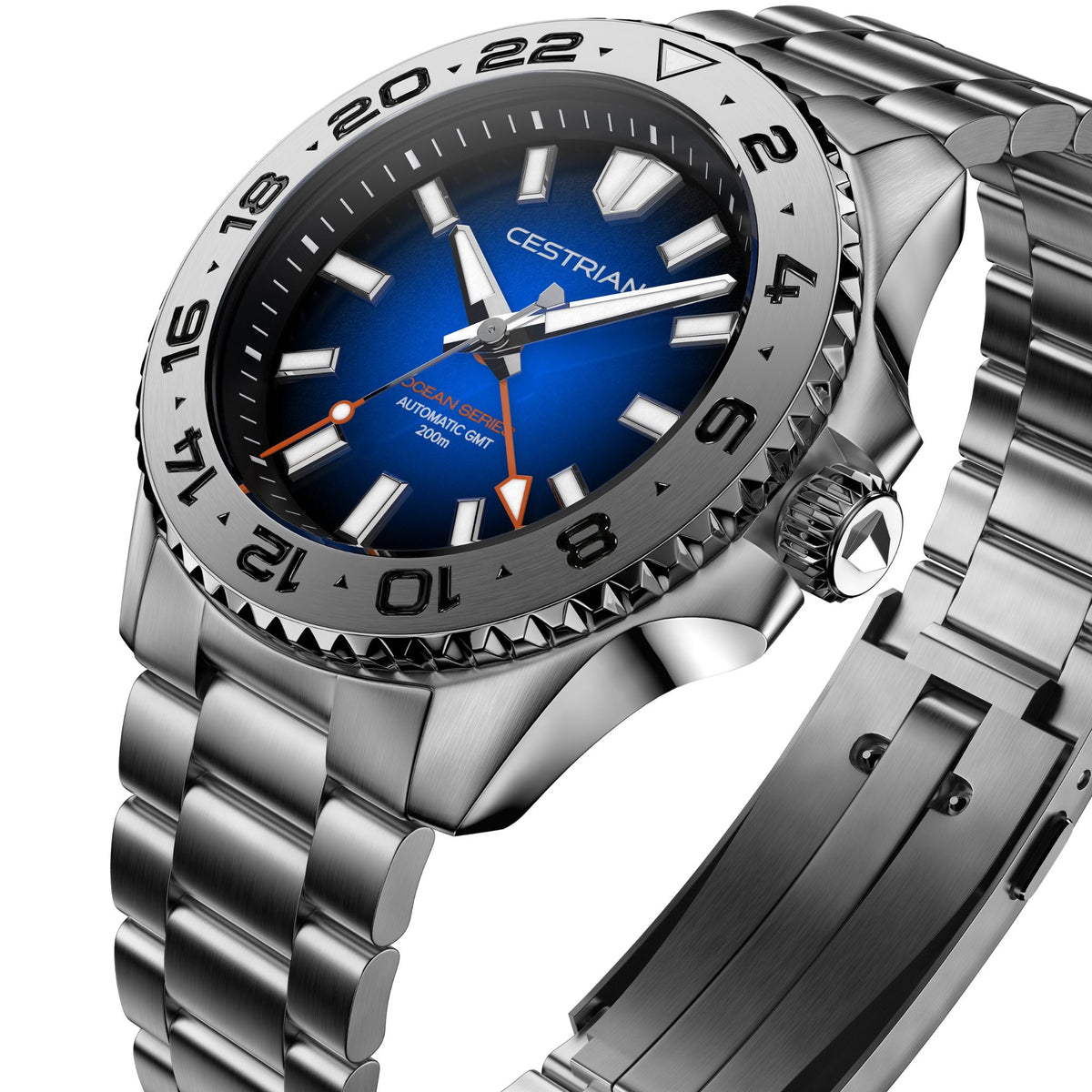 Cestrian Ocean Series CO-BBS001 perspective view showing blue fumé dial, steel bezel, textured crown, and bracelet links