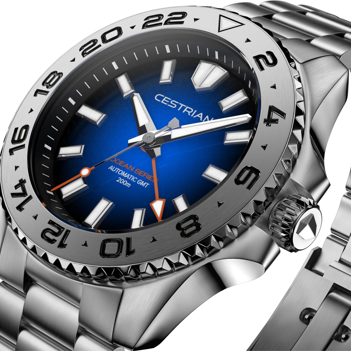 Cestrian Ocean Series CO-BBS001 close-up side angle showing blue fumé dial face and steel case profile
