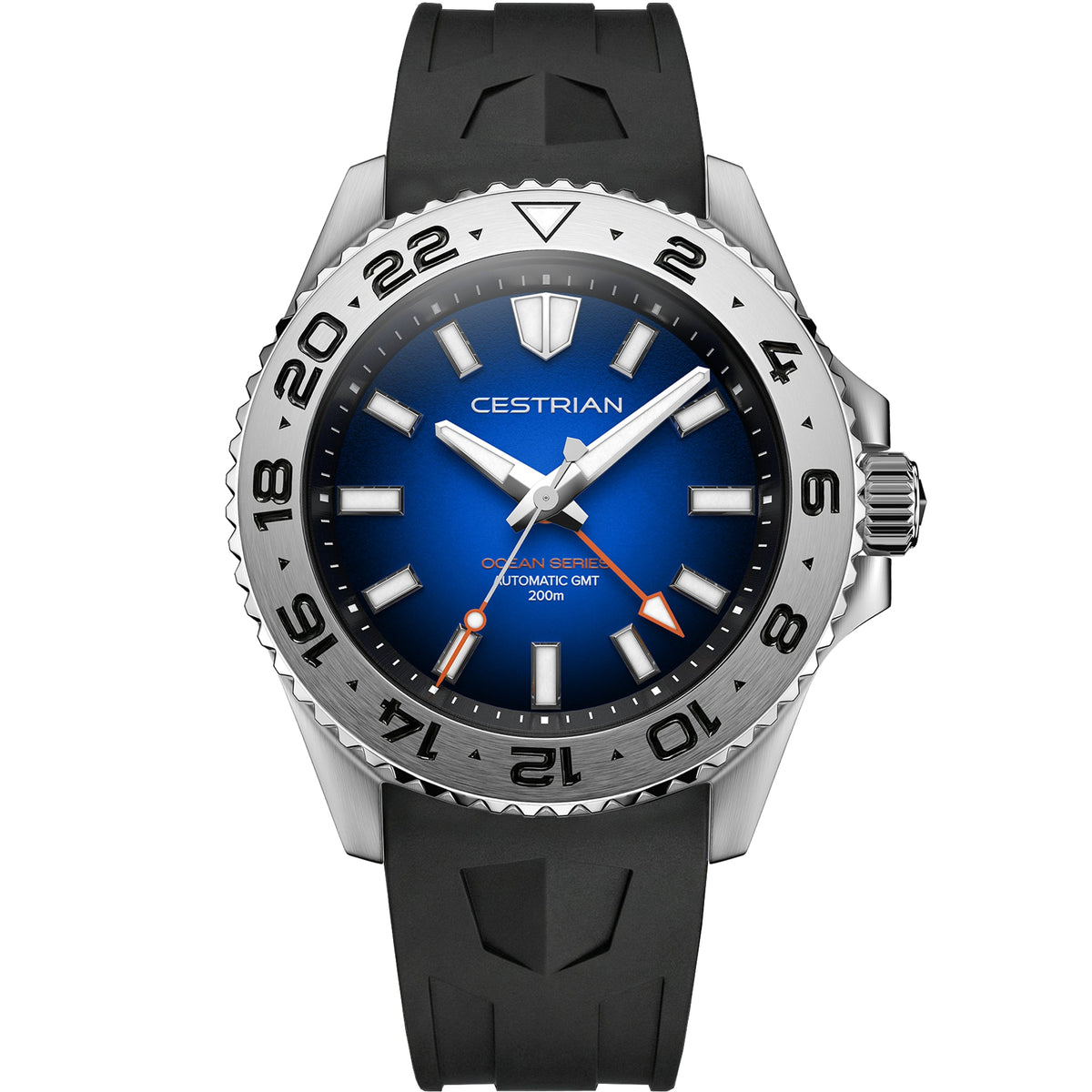 Cestrian Ocean Series CO-BBS002 front view of blue fumé dial automatic GMT watch with steel case and black silicone strap