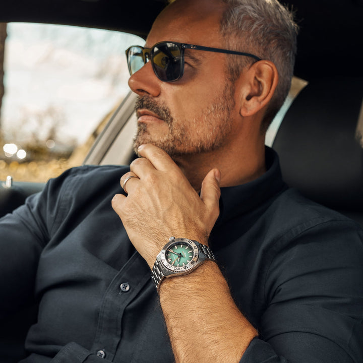 Cestrian Ocean Series CO-BGS001 portrait shot showing watch with green fumé dial worn on wrist