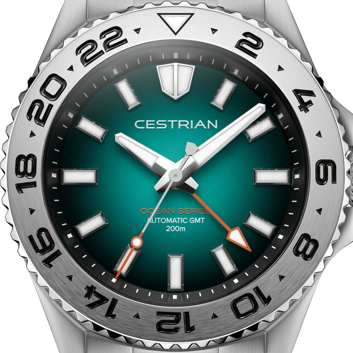 Cestrian Ocean Series CO-BGS002 close-up view of green fumé dial face with steel hands and 24-hour GMT bezel