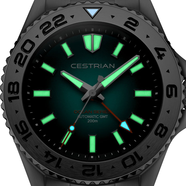 Cestrian Ocean Series CO-TBS001 macro shot showing glowing green lume on hands and indices in dark conditions