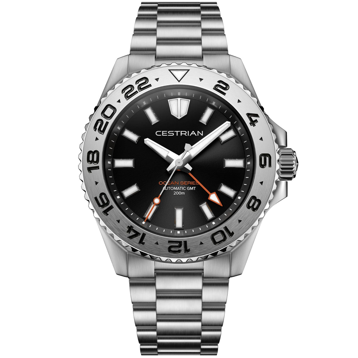Cestrian Ocean Series CO-BKS001 front view of black dial automatic GMT watch with steel case and link bracelet