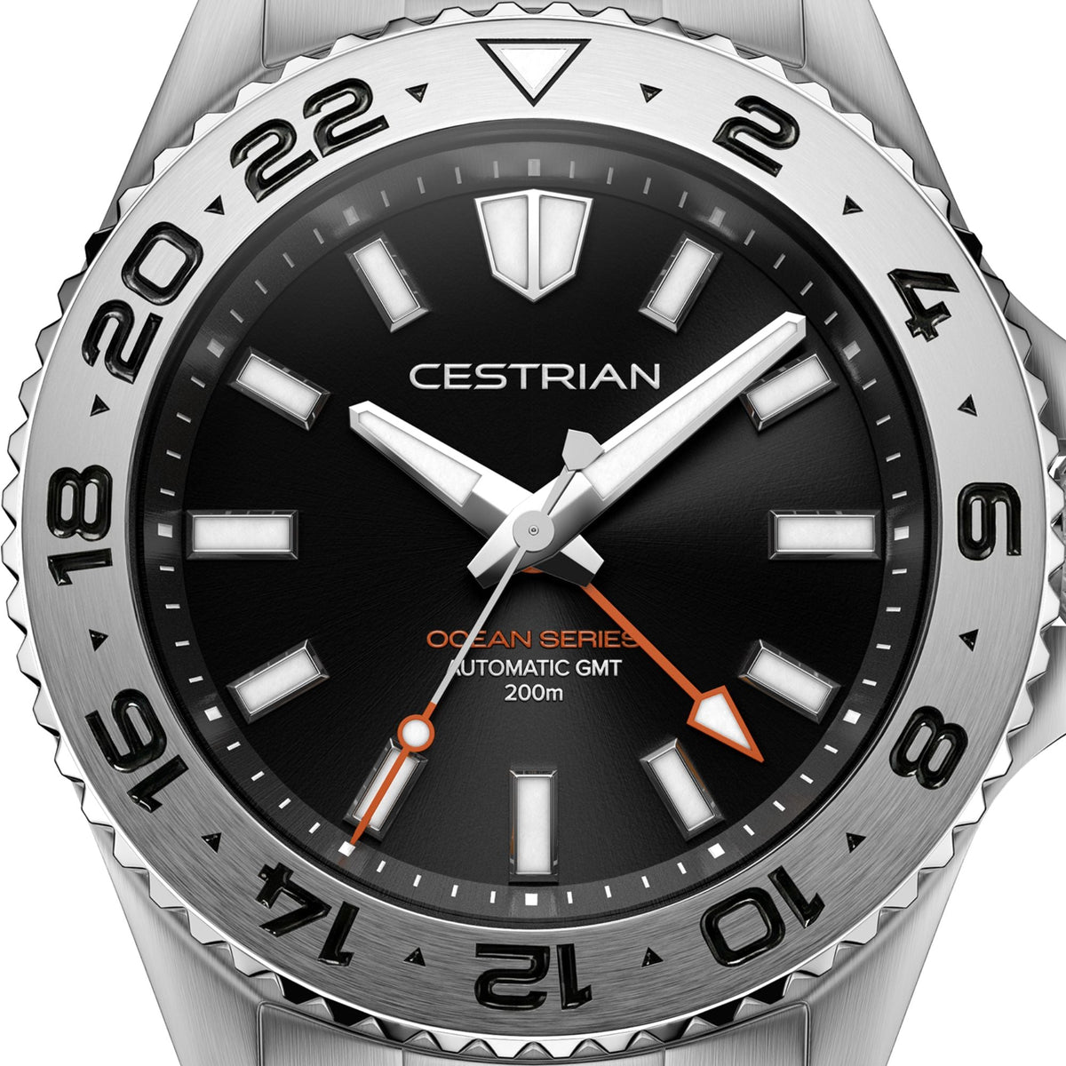 Cestrian Ocean Series CO-BKS002 close-up view of black dial face with steel hands and orange GMT hand