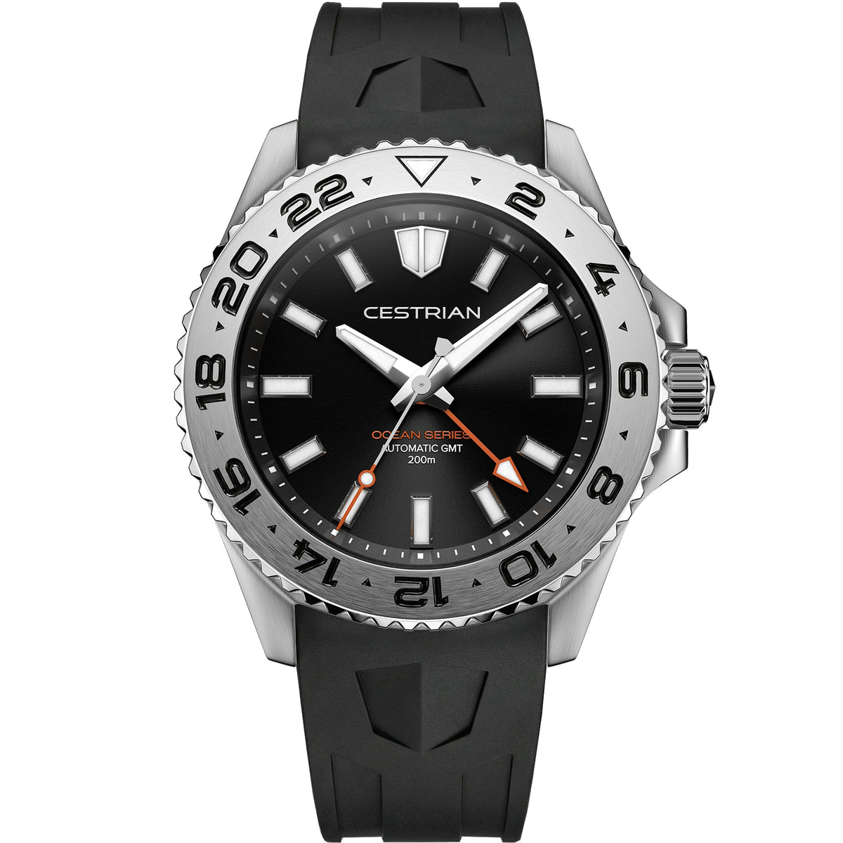 Cestrian Ocean Series CO-BKS002 front view of black dial automatic GMT watch with steel case and black silicone strap