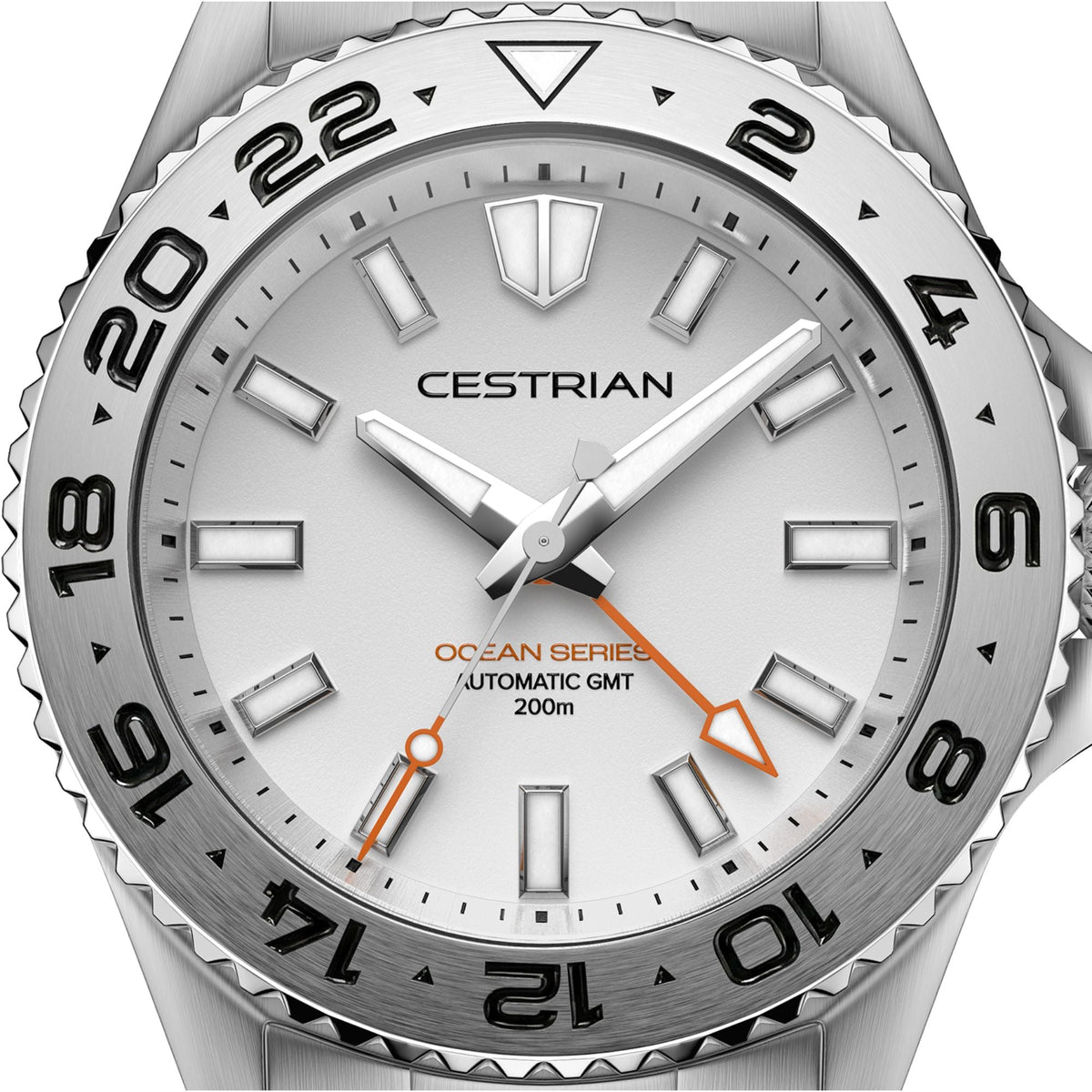 Cestrian Ocean Series CO-SWS002 close-up view of silver white dial face with steel hands and orange GMT hand