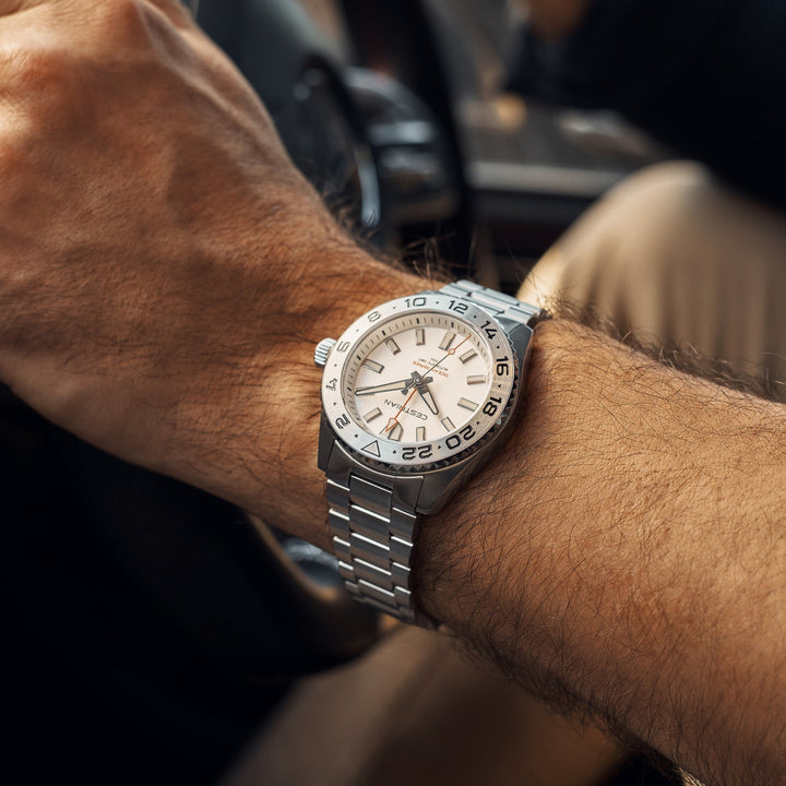Cestrian Ocean Series CO-SWS001 close-up wrist shot of silver white dial GMT watch on model's arm