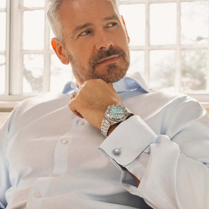 Cestrian Ocean Series CO-TBS001 portrait shot showing watch with tropical blue dial worn on wrist