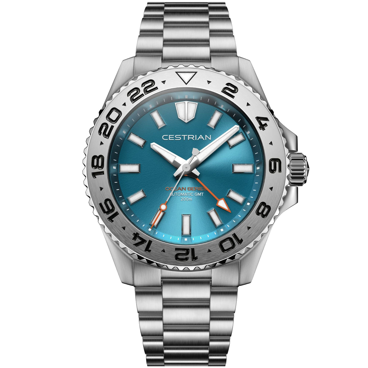 Cestrian Ocean Series CO-TBS001 front view of tropical blue dial automatic GMT watch with steel case and link bracelet