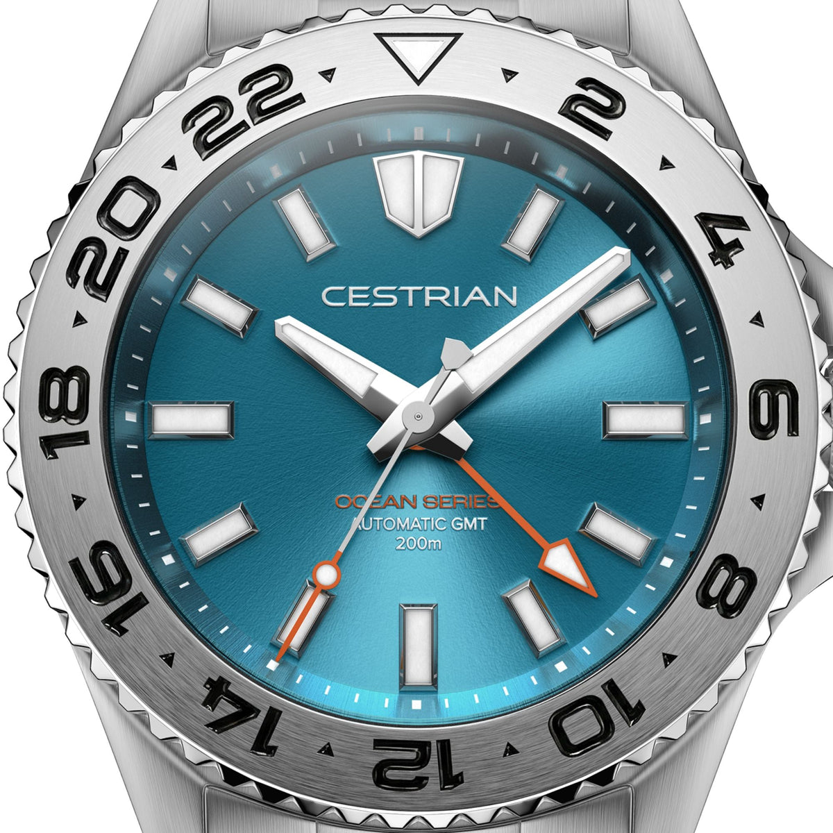 Cestrian Ocean Series CO-TBS002 close-up view of tropical blue dial face with steel hands and 24-hour GMT bezel