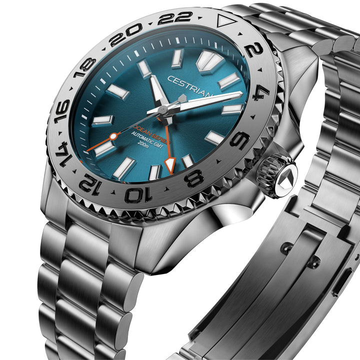 Cestrian Ocean Series CO-TBS001 perspective view showing tropical blue dial, steel bezel, textured crown, and bracelet links