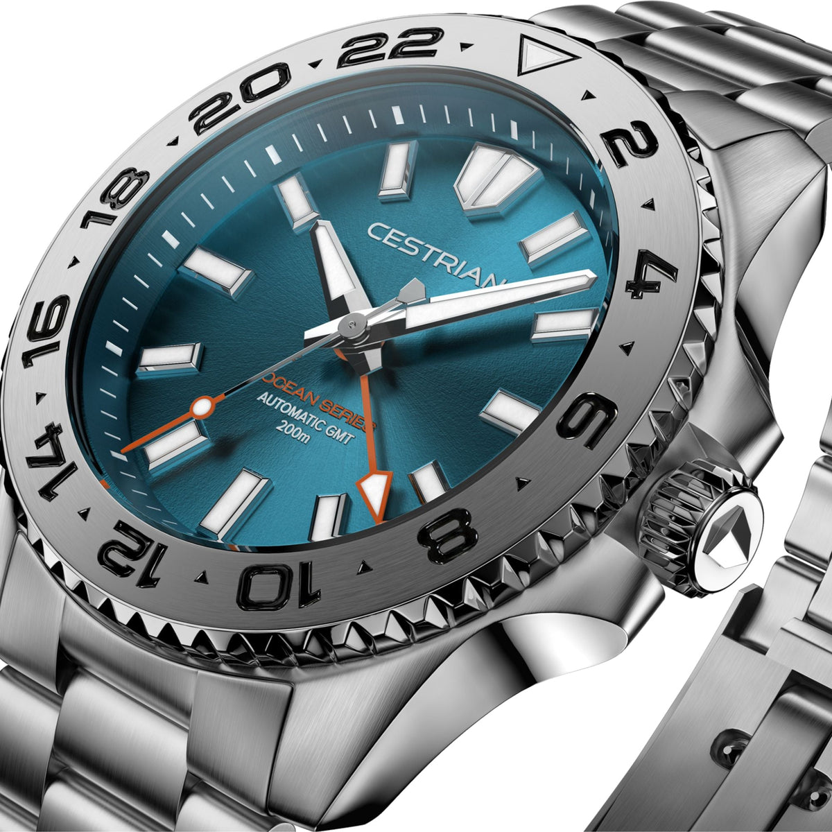 Cestrian Ocean Series CO-TBS001 close-up side angle showing tropical blue dial face and steel case profile