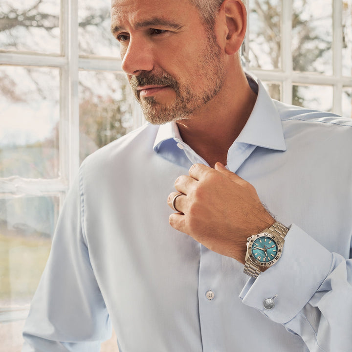 Cestrian Ocean Series CO-TBS001 lifestyle shot of watch with tropical blue dial worn on wrist with light blue shirt