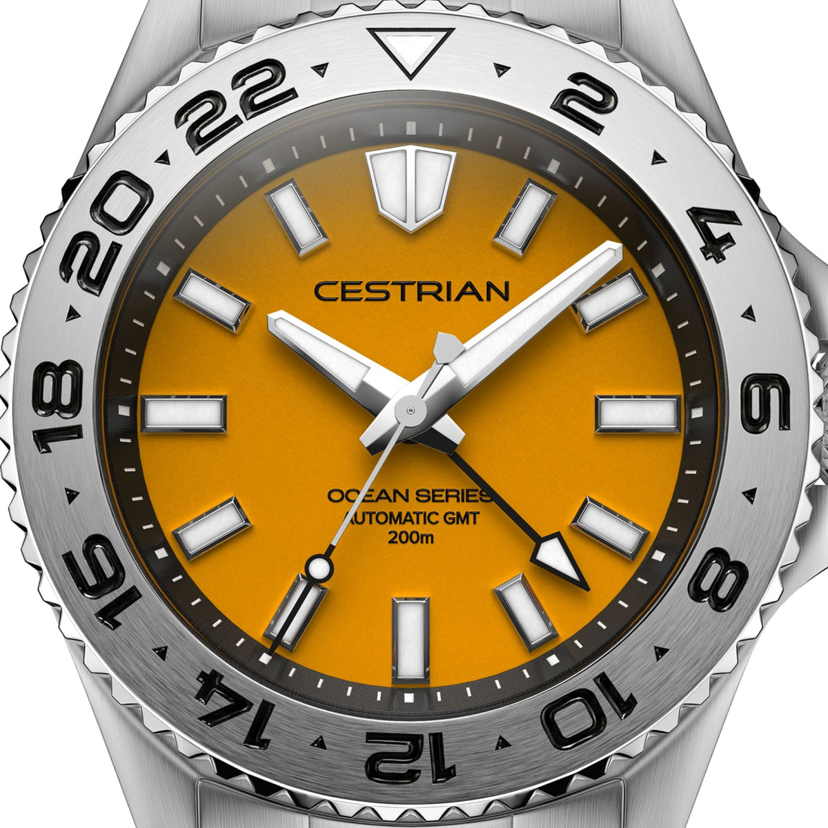 Cestrian Ocean Series CO-YLS001 yellow dial and GMT bezel close up