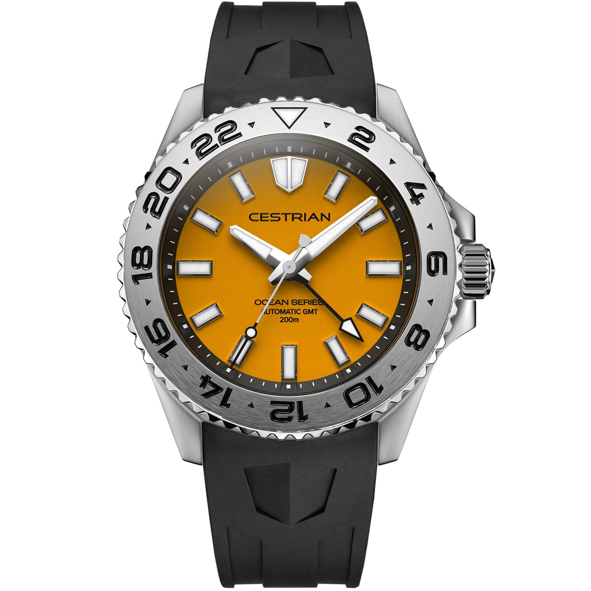 Cestrian Ocean Series CO-YLS002 front view of yellow dial automatic GMT watch with steel case and black silicone strap
