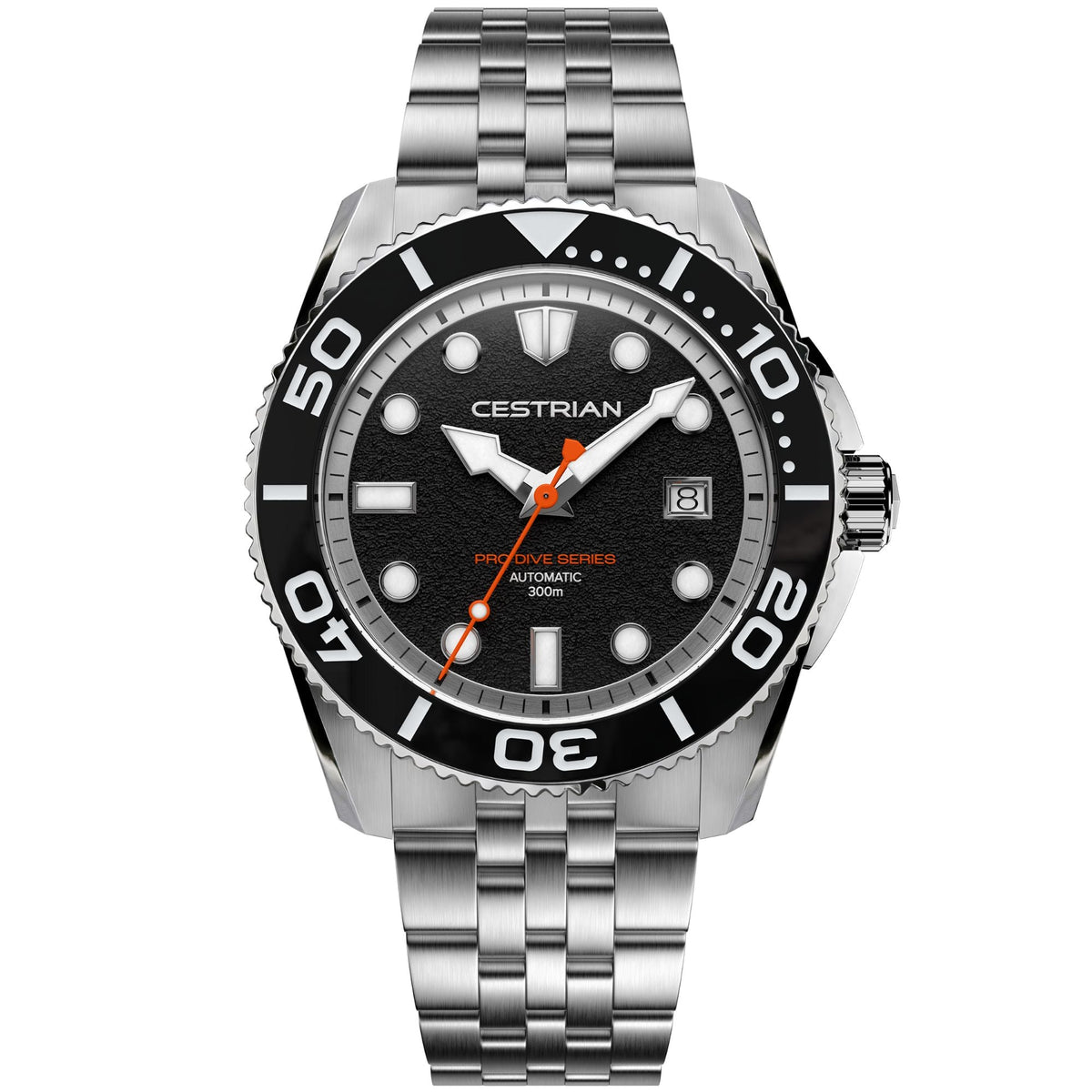 Cestrian Pro Dive Series CP-BKB001 front view of black dial automatic diver watch with steel case and link bracelet