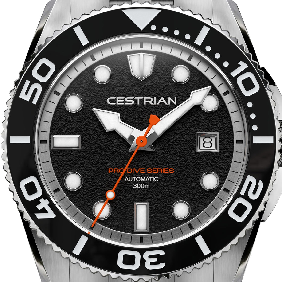 Cestrian Pro Dive Series CP-BKB002 close-up view of textured black dial face with luminous indices and orange seconds hand