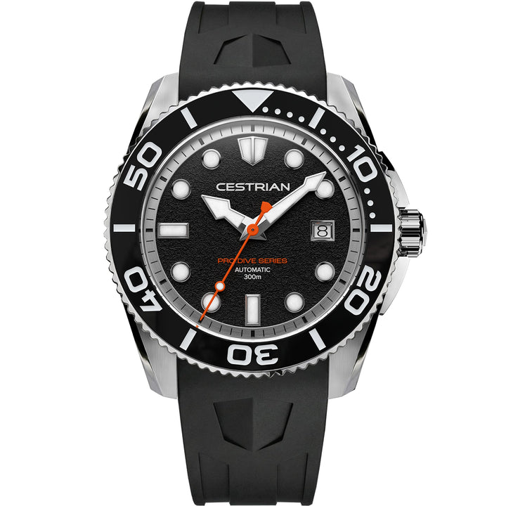 Cestrian Pro Dive Series CP-BKB002 front view of black dial automatic diver watch with steel case and black silicone strap