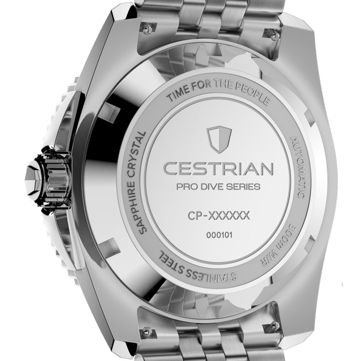 Cestrian Pro Dive Series CP-BLB002 close-up rear view of solid steel case back with brand logo and product details