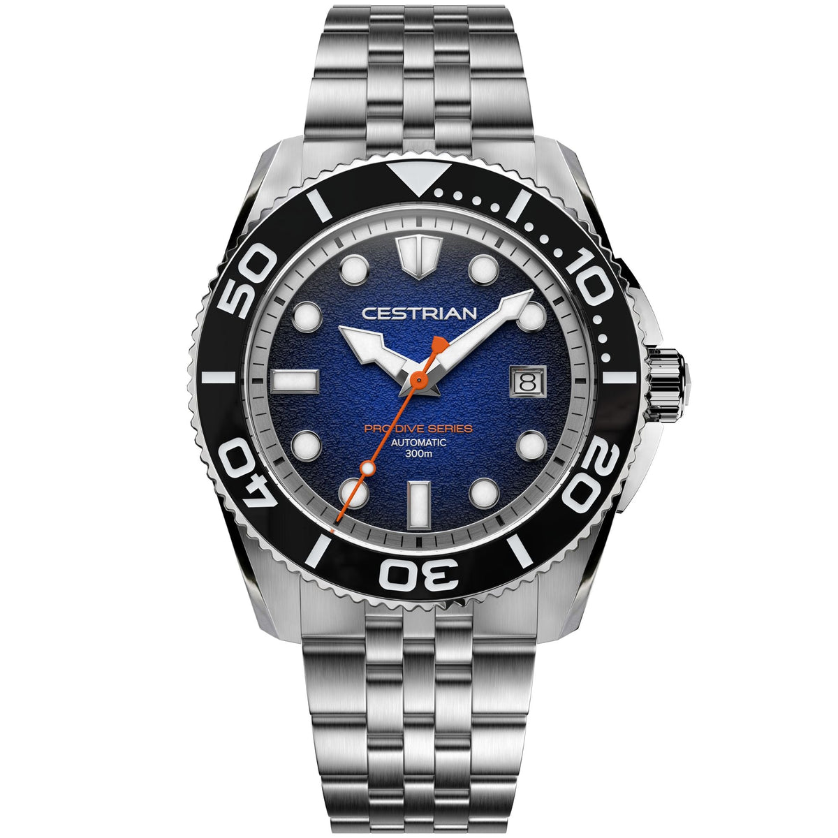 Cestrian Pro Dive Series CP-BLB001 front view of blue fumé dial automatic diver watch with steel case and link bracelet