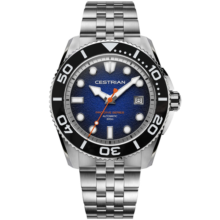 Cestrian Pro Dive Series CP-BLB001 front view of blue fumé dial automatic diver watch with steel case and link bracelet