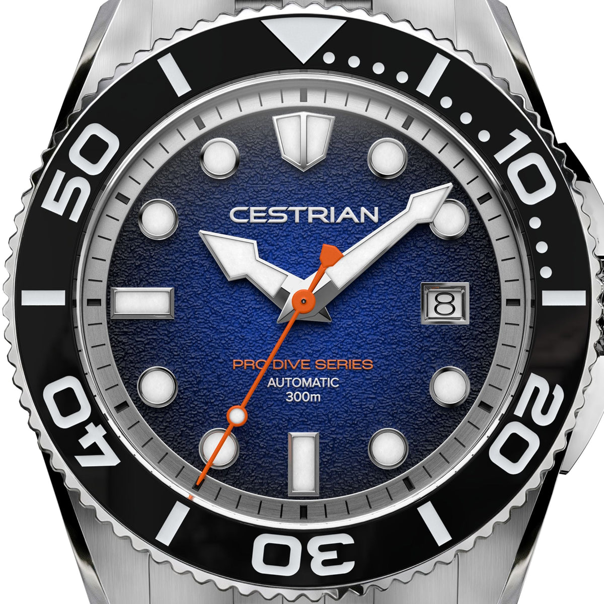 Cestrian Pro Dive Series CP-BLB001 close-up view of textured blue fumé dial face with luminous indices and orange seconds hand