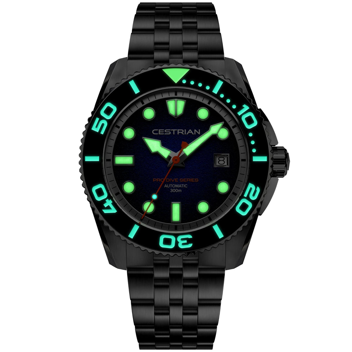 Cestrian Pro Dive Series CP-BLB001 low-light front view highlighting glowing luminous hands and bezel markers