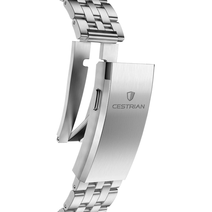 Cestrian Pro Dive Series CP-BLB001 macro detail view showing open stainless steel deployant clasp mechanism